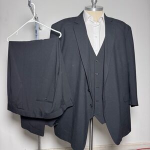 GS 3-Piece Suit Mens 60L 50x31 Black Solid Wool Blend 2-Button Vest Trousers